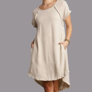 Umgee Linen Blend Short Sleeve Hi Lo Dress Size L Fringe Accents Pockets Coastal